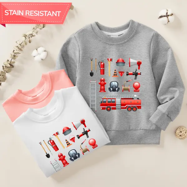 【12M-9Y】Boys Fashion Fire Truck Print Cotton Stain Resistant Long Sleeve Sweatshirt - Thefolls.com 