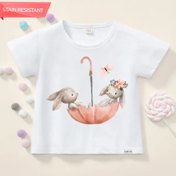 【12M-9Y】Girls Cotton Stain Resistant Bunny Pattern Short Sleeve Tee - 7139 - Thefolls.com 