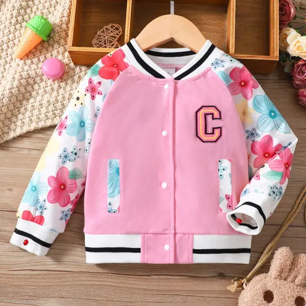 【18M-6Y】Girls Pink Floral Letter Embroidered Baseball Jacket - Thefolls.com 