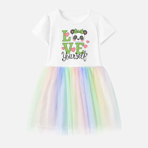 【12M-7Y】Girl Letters And Panda Print Cotton Stain Resistant Cartoon Splicing Tulle Short Sleeve Dress - Thefolls.com 