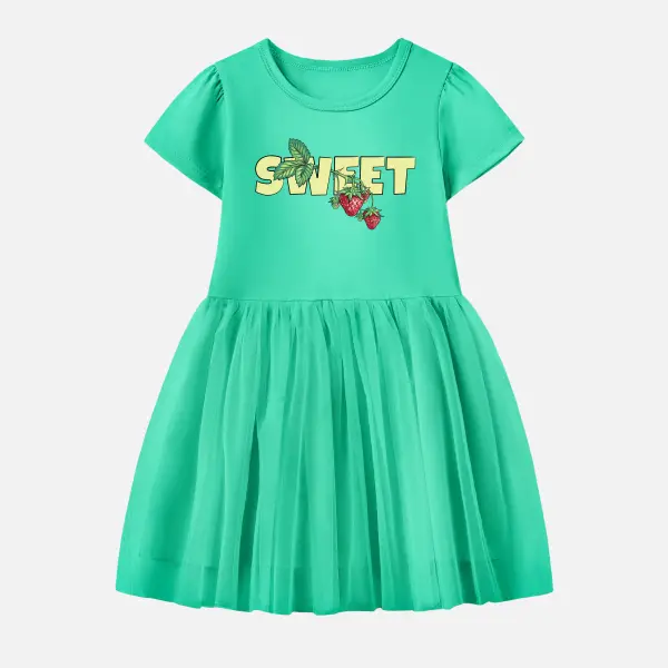 【12M-7Y】Girl Letter Print Cotton Stain Resistant Cartoon Splicing Tulle Short Sleeve Dress - Thefolls.com 