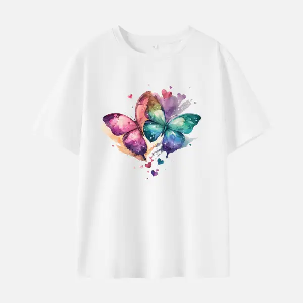 Women Butterfly Print Cotton Stain Resistant Short Sleeve T-shirt - Thefolls.com 