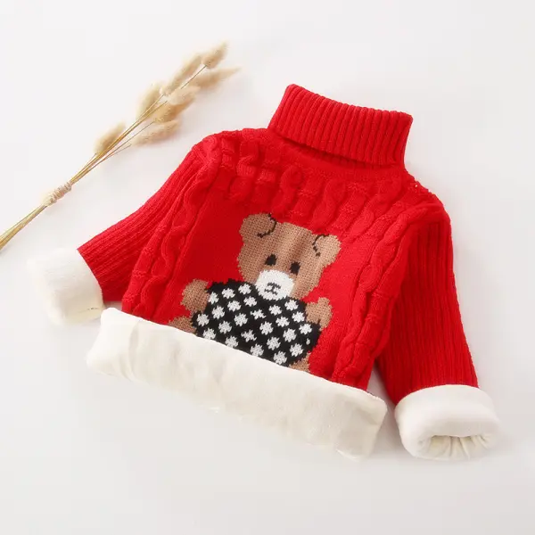 【18M-9Y】Kids Fashion Bear Pattern High Quality Fleece Thickened Funnel Neck Sweater - 9108 - Thefolls.com 