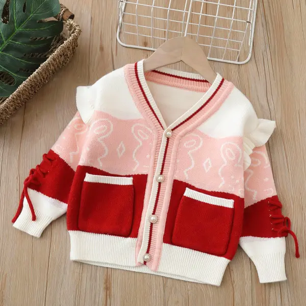 【18M-6Y】Girls Sweet Bow And Ruffle Loaded Bunny Jacquard Sweater Cardigan - Thefolls.com 