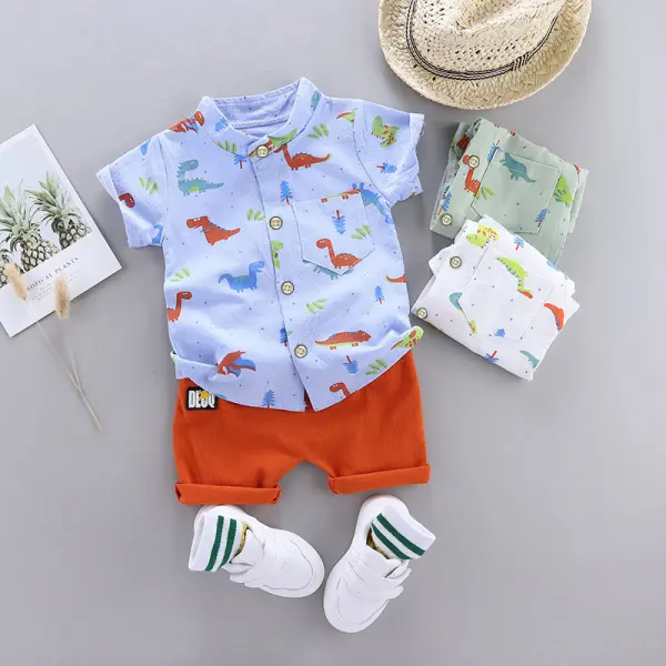 【0M-3Y】Baby Boy Cartoon Print Short Sleeve Shirt And Shorts Set - Thefolls.com 