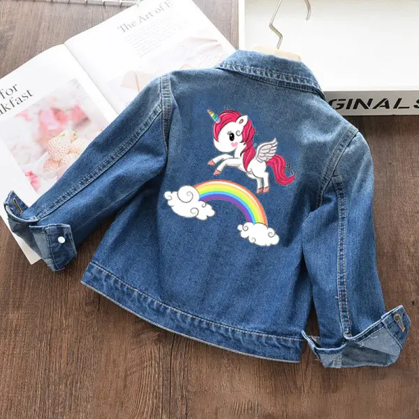 【18M-11Y】Girls Unicorn Print Placket Blue Denim Jacket - 3142 - Thefolls.com 