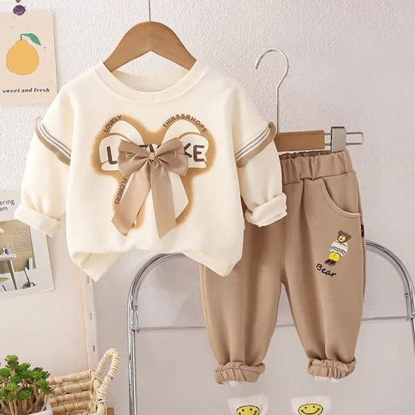 【12M-5Y】2-piece Girl Casual Cotton Bowknot Print Crewneck Sweatshirt And Pants Set - Thefolls.com 