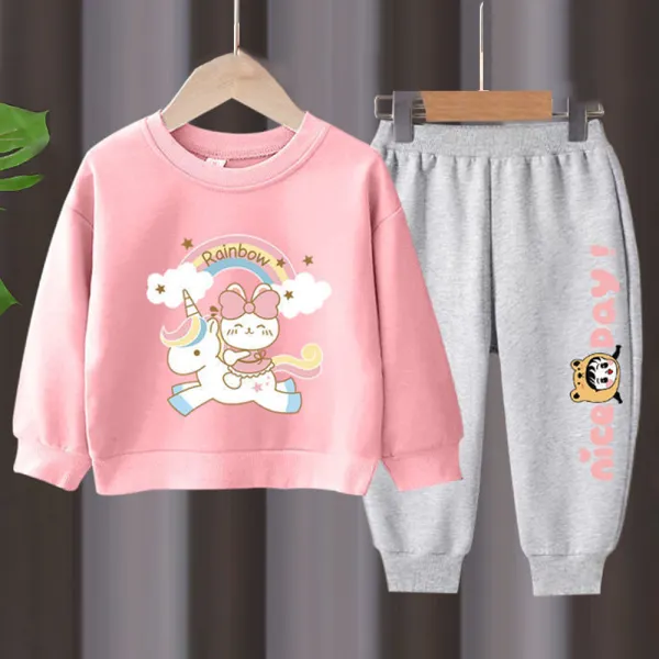 【18M-11Y】2-piece Girls Unicorn Print Round Neck Long Sleeve Sweatshirt And Pants Set - Thefolls.com 