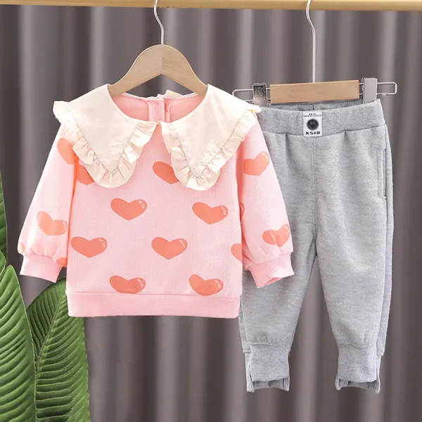 【12M-5Y】2-piece Girl Heart-shaped Print Doll Collar Sweatshirt And Pants Set - Thefolls.com 