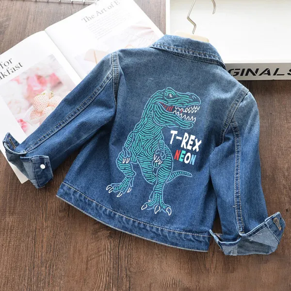 【18M-11Y】Boys Fashion Dinosaur And Letter Print Blue Denim Jacket - 3142 - Thefolls.com 