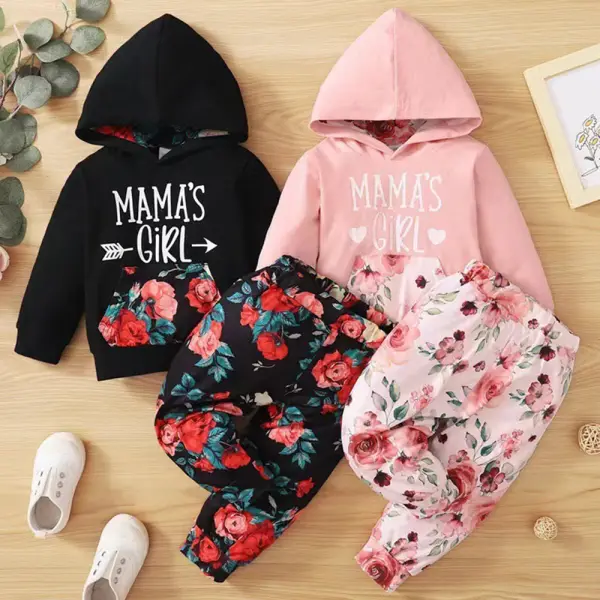 【12M-4Y】2-piece Girls Letter Print Hooded Sweatshirt And Floral Pants Set - Thefolls.com 