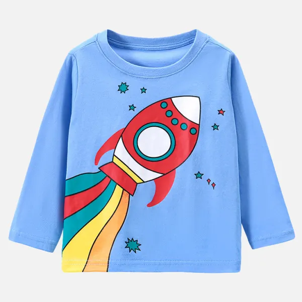 【18M-7Y】Boys Rocket Print Round Neck Long Sleeve T-shirt - Thefolls.com 