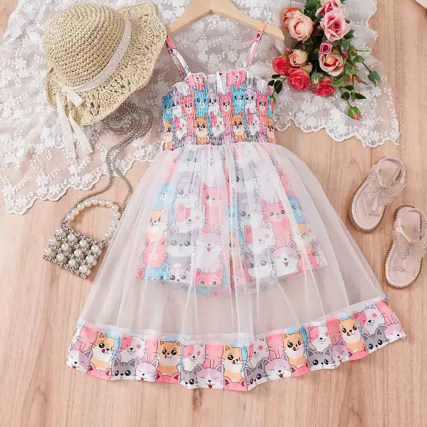 【3Y-7Y】Girl Cute Colorful Cartoon Print Splicing Mesh Suspender Jumpsuit - Thefolls.com 