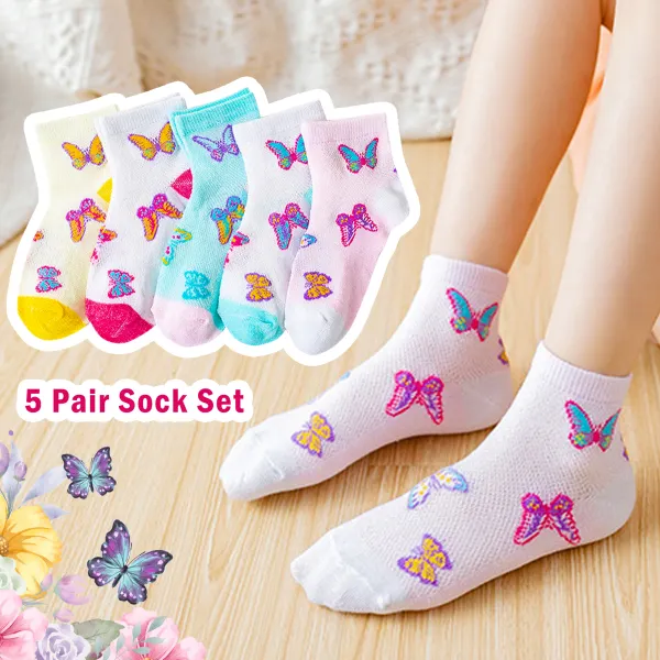 5-Pairs Of Socks Girls Sweet Colorful Butterfly Jacquard Comfy Socks Set - Thefolls.com 