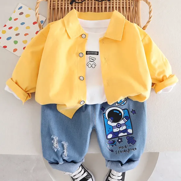 【12M-5Y】3-piece Boys Casual Yellow Long-sleeved Shirt And White T-shirt And Jeans Set - 4444 - Thefolls.com 