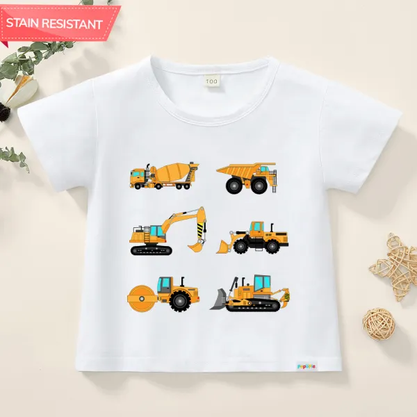 【12M-9Y】Boy Cotton Stain Resistant Excavator Print Short Sleeve Tee - Thefolls.com 