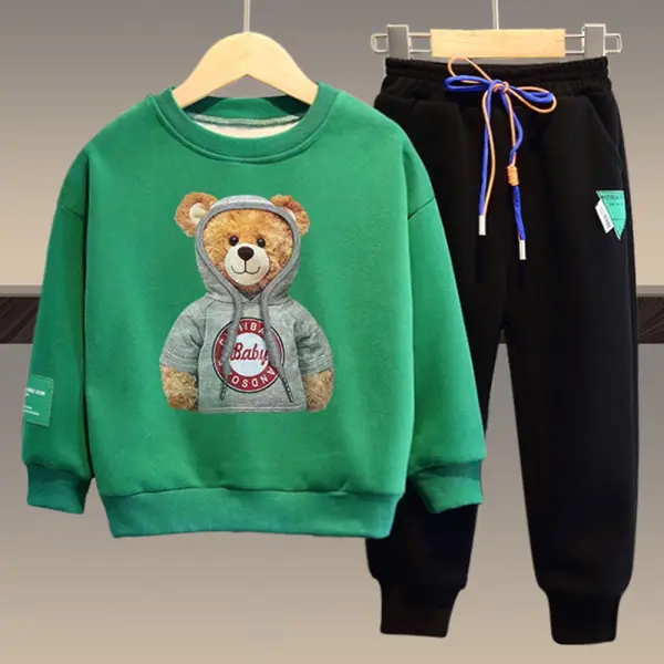 【3Y-12Y】2-piece Boys Bear Print Long-sleeved Sweatshirt And Pants Set - Thefolls.com 