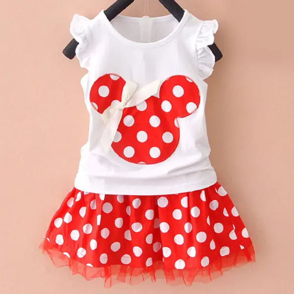 【18M-7Y】2-piece Girls White Short-sleeved T-shirt And Polka Dot Skirt Set - Delovelybug.com 