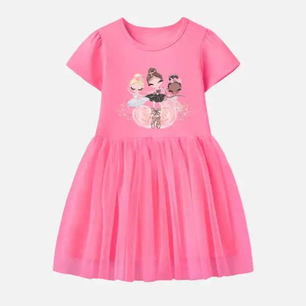 【12M-7Y】Girl Cotton Stain Resistant Ballerina Girl Print Splicing Tulle Short Sleeve Dress - Thefolls.com 