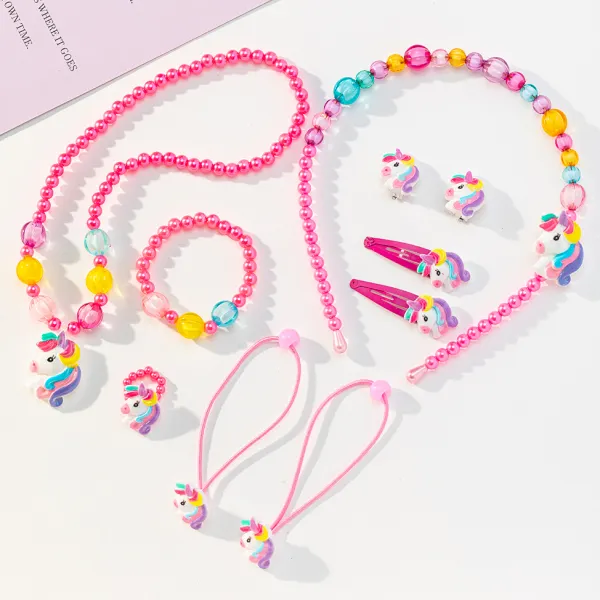 10-Piece Girls Cute Unicorn Hair Bands And Necklace And Rings And Earrings And More Jewelry Set - Thefolls.com 