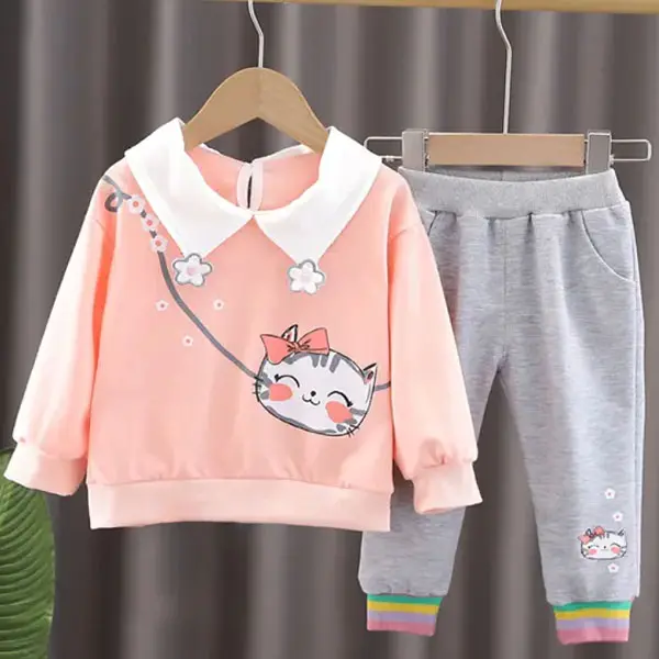 【12M-5Y】2-piece Girl Cute Cartoon Print Lapel Colorblock Sweatshirt And Pants Set - Thefolls.com 