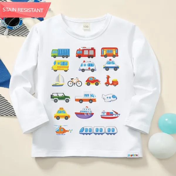 【12M-9Y】Boys Cotton Stain Resistant Car Print Long Sleeve Tee - Thefolls.com 