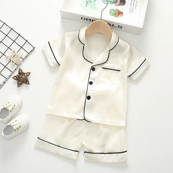 【12M-4Y】2-piece Unisex Summer Solid Color Silky Satin Short-sleeved Lapel Pajamas Set - Thefolls.com 