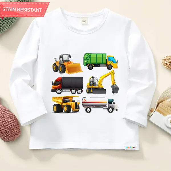 【12M-9Y】Boys Excavators And Construction Vehicles Print Cotton Stain Resistant Long Sleeve T-shirt - Thefolls.com 