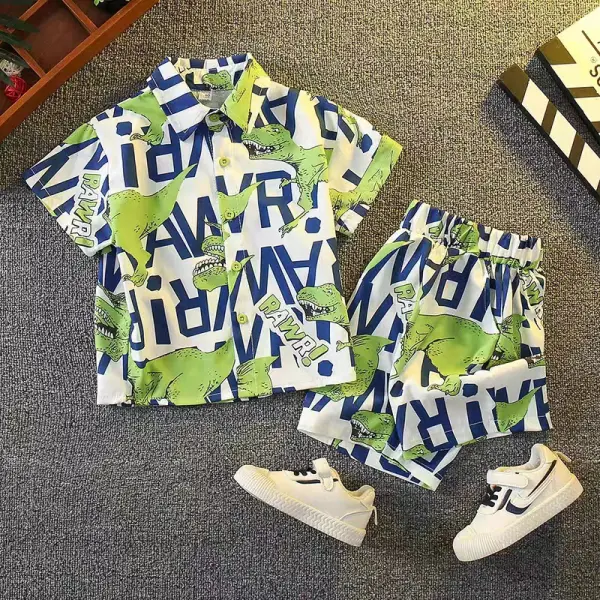 【18M-9Y】2-piece Boys Casual Cartoon Dinosaur And Letter Print Short-sleeved Shirt And Shorts Set - Thefolls.com 