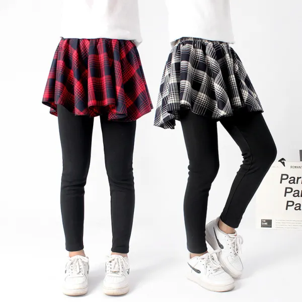 【4Y-13Y】Girls Fashion Fake Two Piece Plaid Skirt Leggings - Thefolls.com 