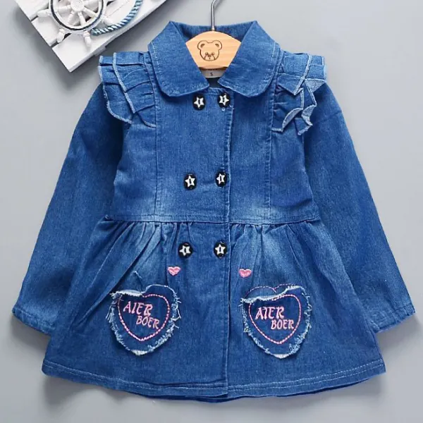 【6M-5Y】Girls Cute Letter And Heart Embroidered Heart Shape Pocket Blue Long Sleeve Denim Shirt - Thefolls.com 