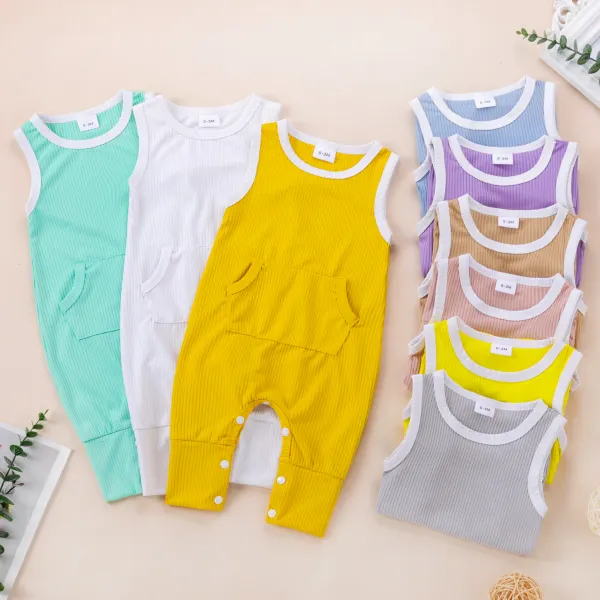 【0M-18M】Babys Cute Pocket Round Neck Sleeveless Romper - Thefolls.com 