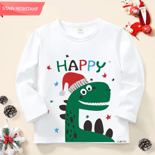 【12M-9Y】Boy Cotton Stain Resistant Christmas Dinosaur Print Long Sleeve Tee - Thefolls.com 