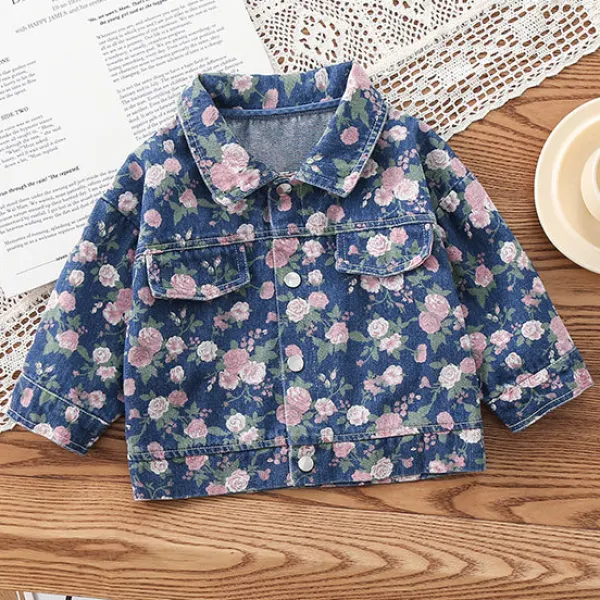 【12M-5Y】Girls Fashion Pink Floral Print Lapel Long Sleeve Blue Denim Jacket - Thefolls.com 