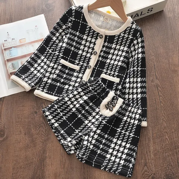 【18M-7Y】2-piece Girls Black Plaid Long Sleeve Jacket And Shorts Set - 34115 - Thefolls.com 