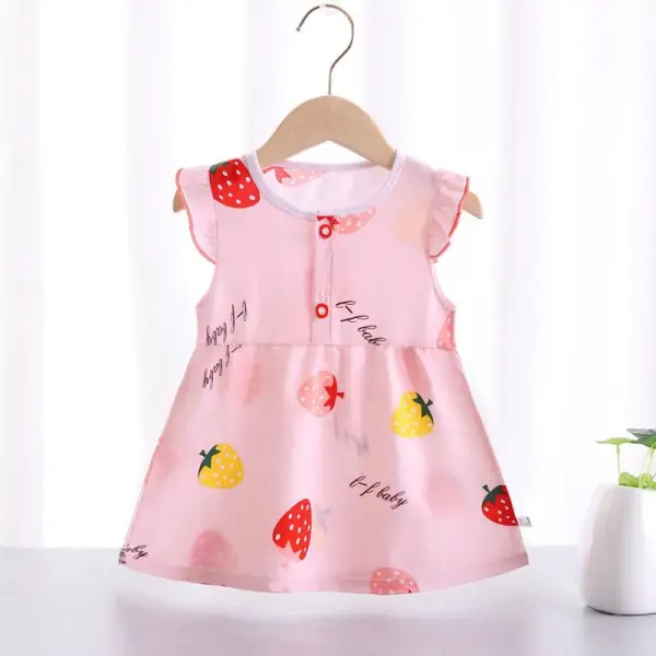 【3M-7Y】Girls Cute Flower And Fruit Print Small Flying Sleeve Dress - Thefolls.com 