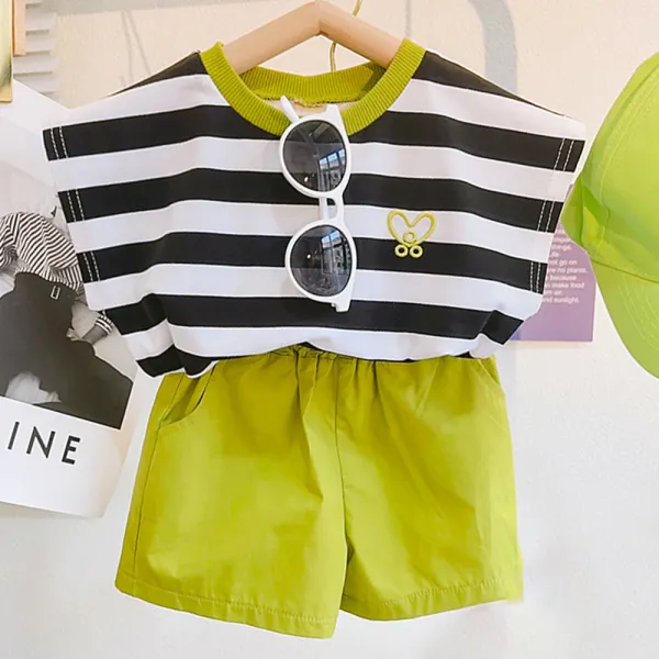 【18M-9Y】2-piece Girls Striped Short-sleeved T-shirt And Green Shorts Set (Accessories Not Included) - 34356 - Thefolls.com 