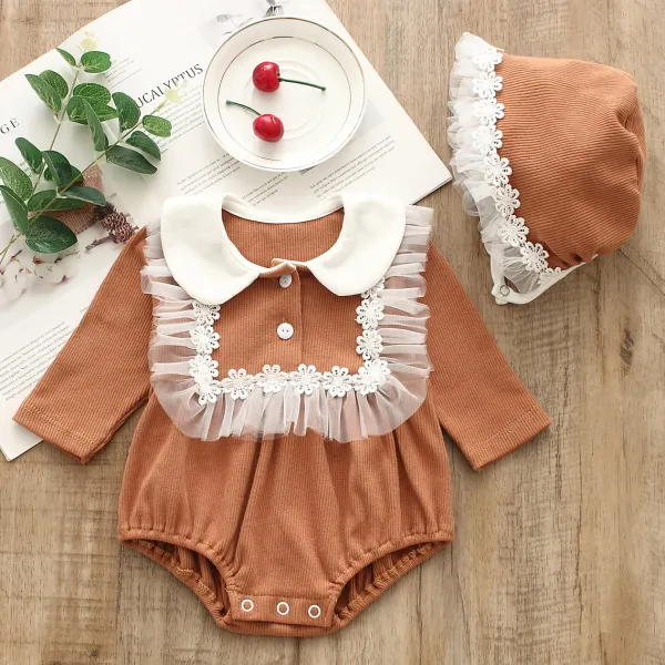 【0M-24M】2-piece Baby Cute Ruffled Long-sleeved Romper With Hat - 8011 - Thefolls.com 