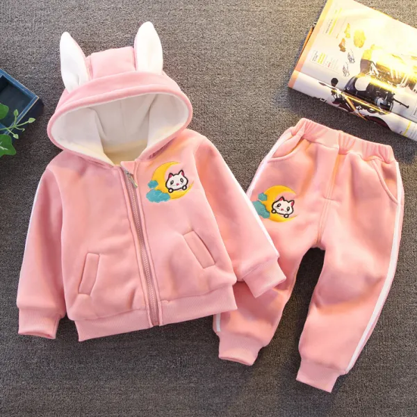 【12M-5Y】2-piece Girls Cute Cartoon Cat Embroidered Fleece Hooded Sweatshirt And Pants Set - Thefolls.com 