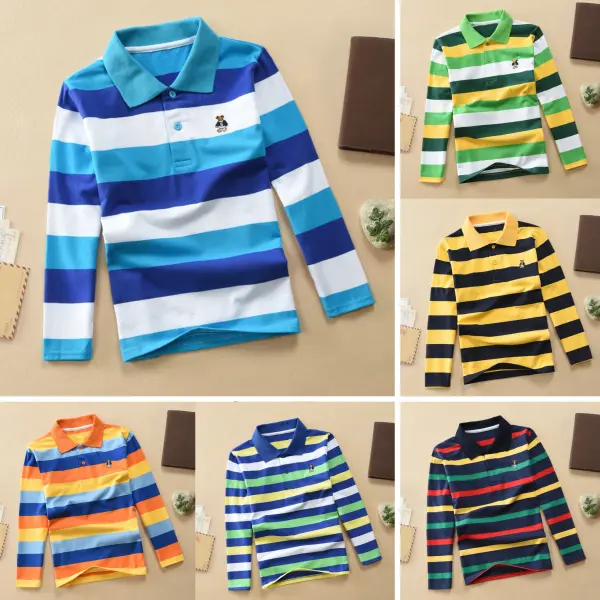 【18M-12Y】Boys Casual Striped Cotton Fabric Long Sleeve Polo Shirt - Thefolls.com 