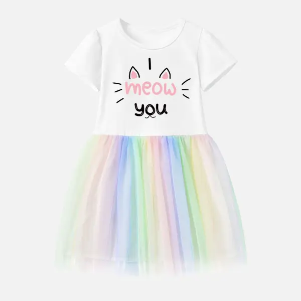 【12M-7Y】Girl Cotton Stain Resistant Cat Print Splicing Tulle Short Sleeve Dress - Delovelybug.com 
