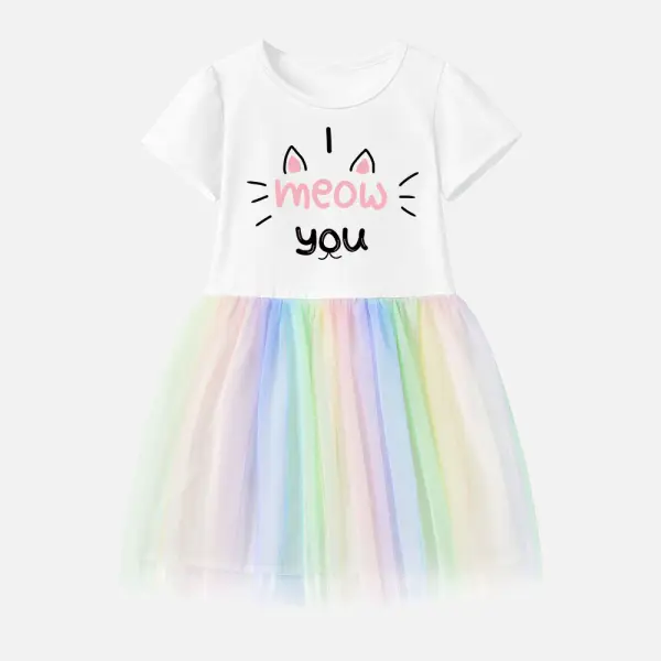 【12M-7Y】Girl Cotton Stain Resistant Cat Print Splicing Tulle Short Sleeve Dress - Thefolls.com 