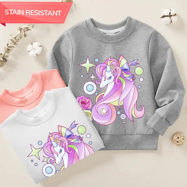 【12M-9Y】Girl Cotton Stain Resistant Rainbow Unicorn Print Long Sleeve Sweatshirt - Thefolls.com 