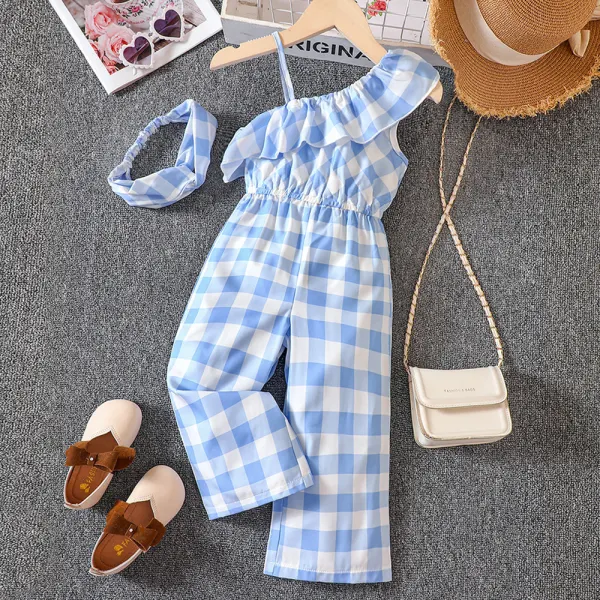 【2Y-6Y】2-piece Girls Blue Plaid Off-shoulder Jumpsuit With Hairband - Thefolls.com 