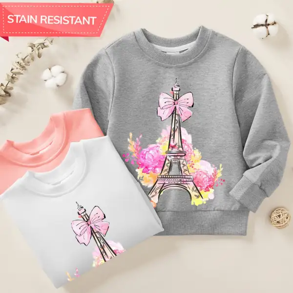 【12M-9Y】Girl Cotton Stain Resistant Eiffel Tower Print Long Sleeve Sweatshirt - Thefolls.com 