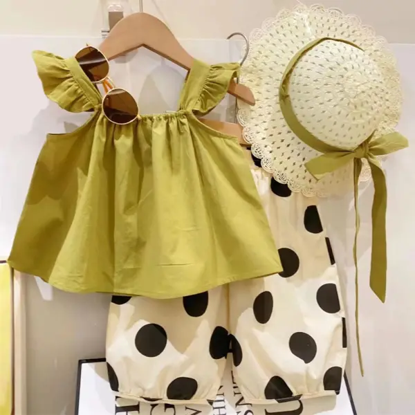 【18M-9Y】3-piece Girls Green Top And Polka Dot Pants Set With Hat - Thefolls.com 