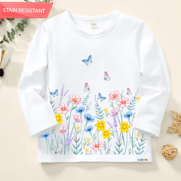 【12M-9Y】Girl Flower And Butterflies Print Cotton Stain Resistant Long Sleeve T-shirt - Thefolls.com 