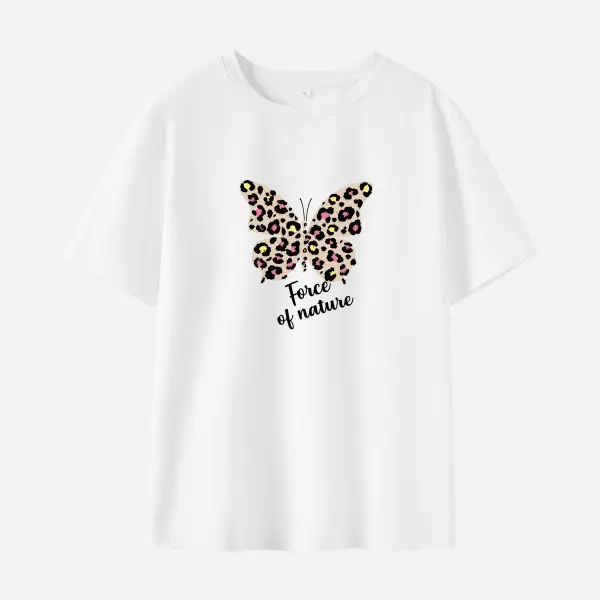 Women Cotton Stain Resistant Leopard Butterfly And Letter Print Short Sleeve T-shirt - Thefolls.com 