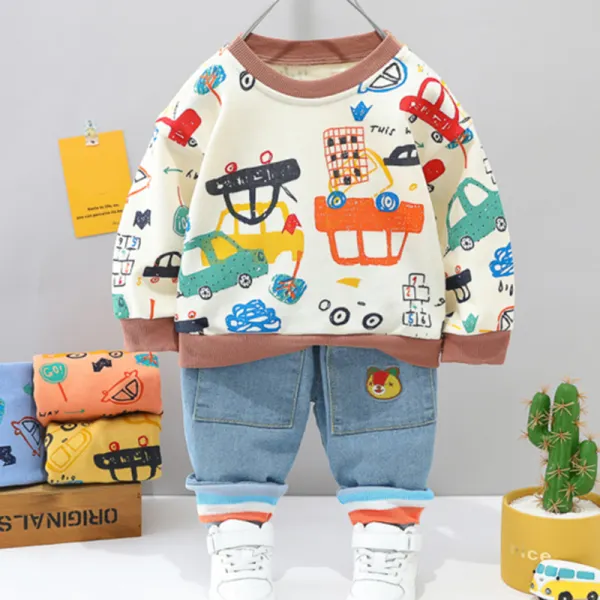 【12M-4Y】Boys Casual Car Pattern Sweatshirt Jeans Set -004 - Thefolls.com 