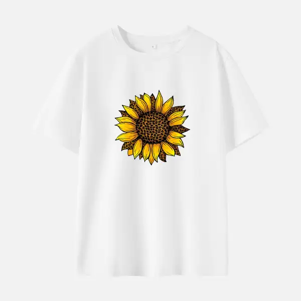 Women Leopard Sunflower Print Cotton Stain Resistant Short Sleeve T-shirt - Thefolls.com 